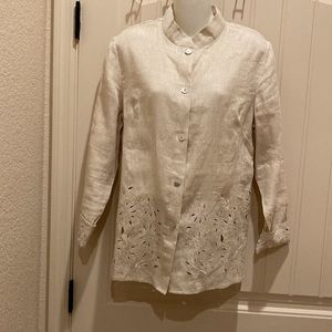 100% Irish Linen Katherine Kelly Size S Shirt Jacket Button Up Cutout Accents